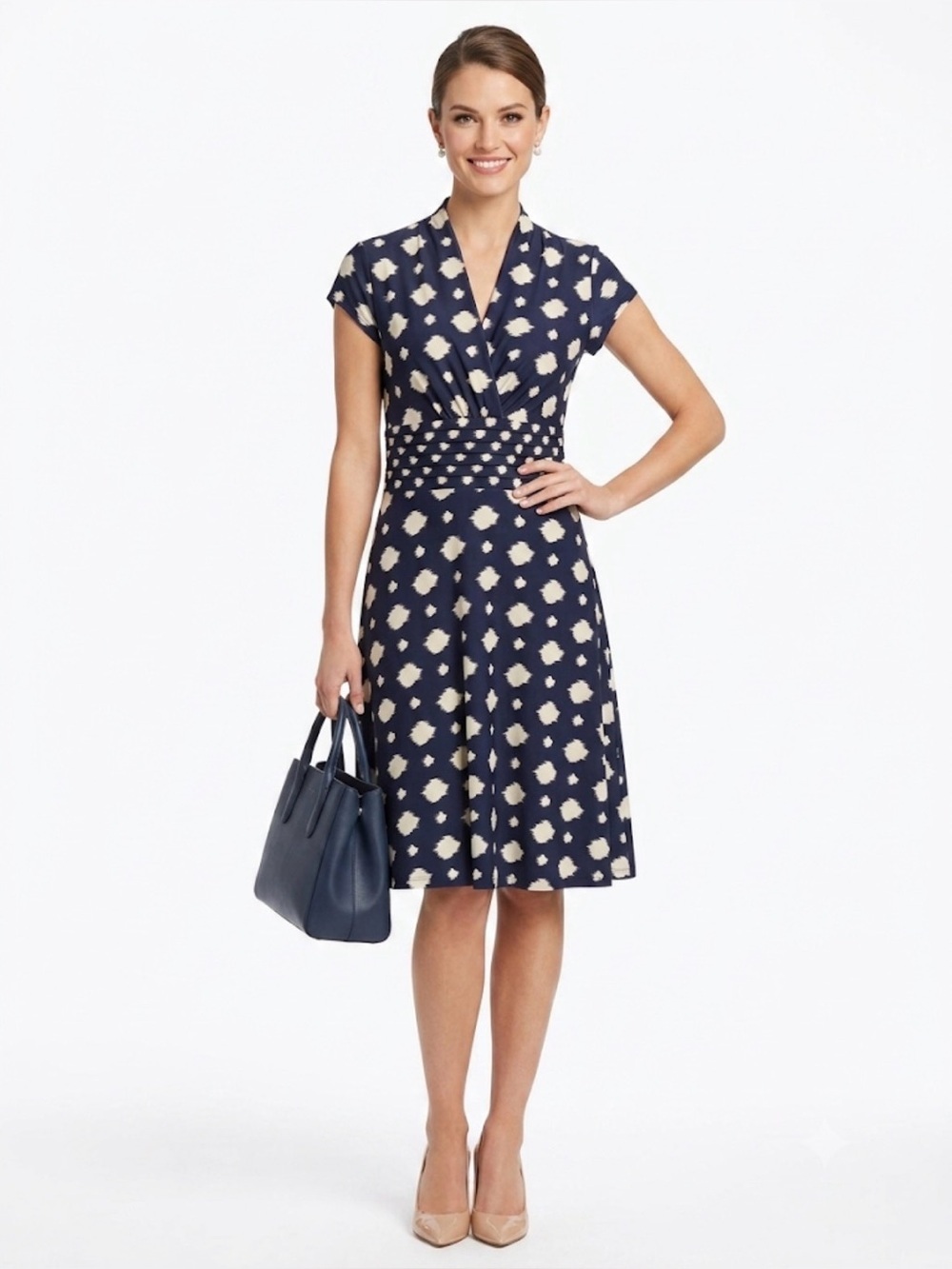 ILE New York Navy White Abstract Print Faux Wrap Dress Size 8
